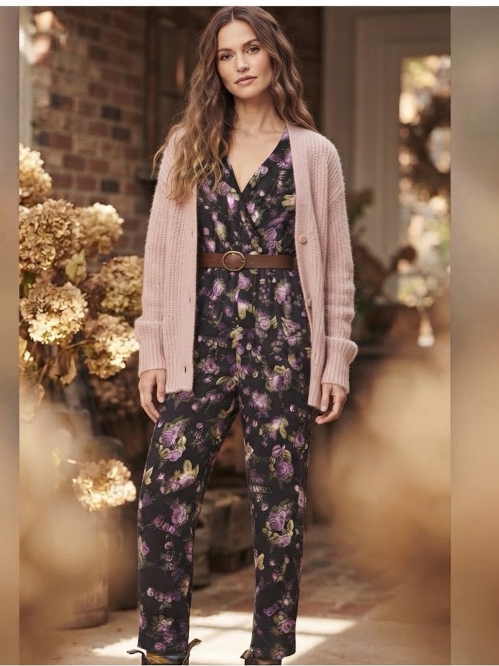 wild fable Black Floral Jumpsuit with Purple and Yellow Roses
